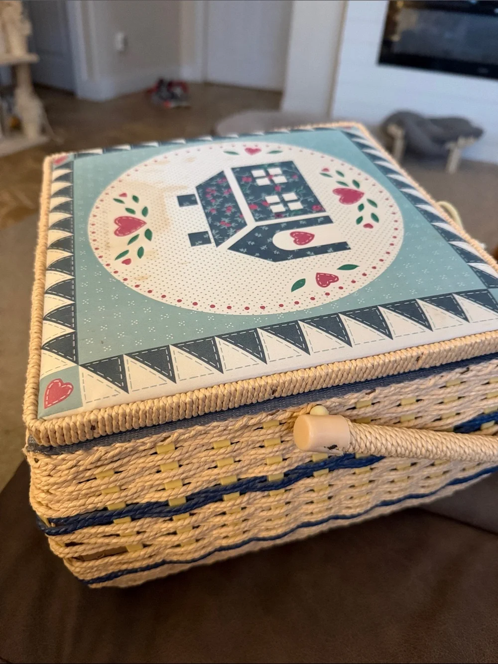 Decorative Country Cottage Sewing Basket - Blue and Cream